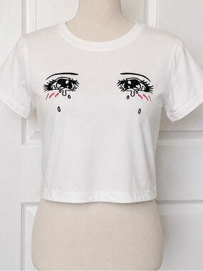 White Graphic Cropped Tee with Printed Teary Eyes Anime